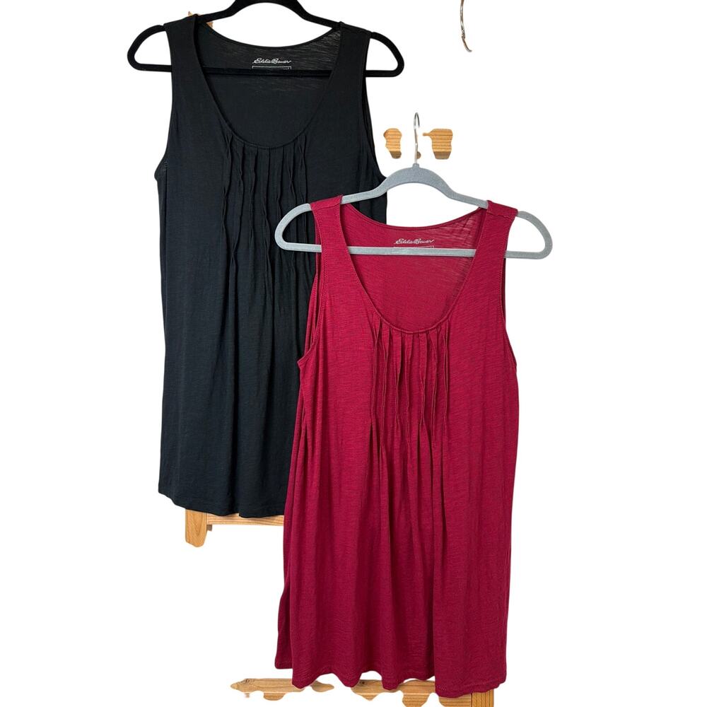 LOT of 2 Eddie Bauer Sleeveless Ruffle Tops Bundle Size LG Red & Black